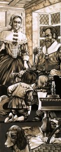 Un niño del siglo XVII se arrodilla ante su padre en penitencia (gouache sobre papel) de Richard Hook