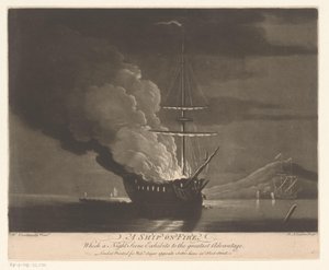 Barco en llamas en un mar en calma Un barco en llamas (título en el objeto) de Richard Houston