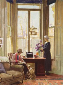 Interior con dos señoras y un perro