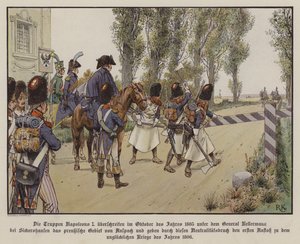 Tropas francesas bajo el mando del general Kellermann cruzan la frontera hacia territorio prusiano en Sickershausen, octubre de 1805 de Richard Knotel