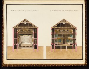 Sección de la sala de espectáculos del lado del teatro y sección de la misma sala del lado opuesto al teatro, del Recueil des plans du Petit Trianon por Richard Mique de Richard Mique