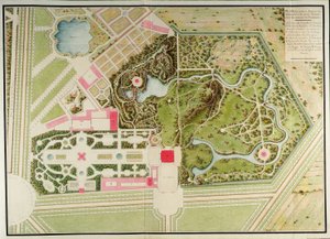 Plano de los jardines franceses y campestres del Petit-Trianon con las masas del edificio, del Recueil des plans du Petit Trianon por Richard Mique de Richard Mique