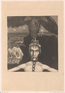 Hombre encadenado con un ave de presa de tres cabezas en la cabeza
Anangkè (Destino) (título original) de Richard Nicolaüs Roland Holst
