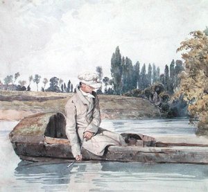 Un hombre pescando desde un bote en un río de Richard Parkes Bonington