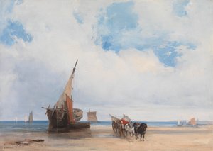 Barcos varados y un vagón cerca de Trouville