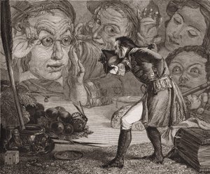 Los viajes de Gulliver de Jonathan Swift. Gulliver exhibido en una mesa para la admiración de los habitantes de Brobdingnag. Grabado de Redgrave.
