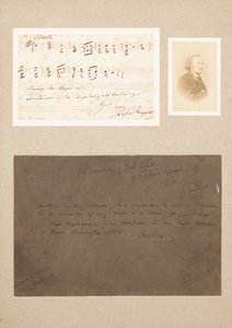 Cita musical autógrafa montada con fotografía de carte-de-visite de Wagner y una nota de procedencia de Richard Wagner