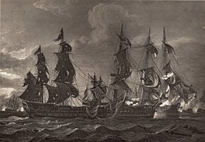 El HMS Captain abordando el San Nicholas y el San Josef, ilustración de 