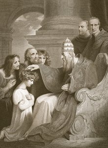 El príncipe Alfredo ante el Papa León III, grabado por J. Stow, ilustración de 