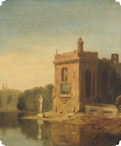 Un lago con un pabellón y una estatua, Italia (óleo sobre lienzo) de Richard Wilson