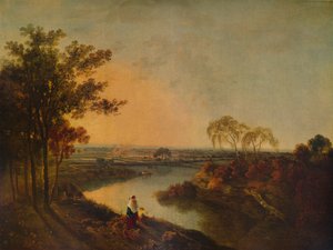 Un río inglés al atardecer, en la distancia las colinas galesas, c1760 de Richard Wilson