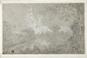 Banks of the River Dee near Eaton Hall, Cheshire, c.1759 (tiza en blanco y negro sobre papel verjurado azul, colocado sobre tarjeta) de Richard Wilson