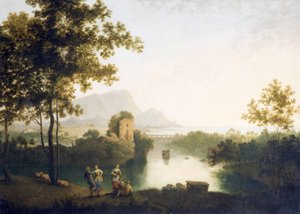 Tarde en la desembocadura del río con campesinos bailando (óleo sobre lienzo)