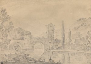 Paisaje italiano con puente de tres arcos, casa del puente, figuras en la orilla cercana y álamos en la orilla más lejana de Richard Wilson