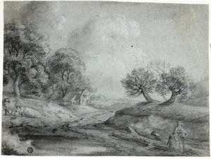 Paisaje con mujer y vacas (tiza negra con tiza, realzada con tiza blanca, sobre papel verjurado azul) de Richard Wilson