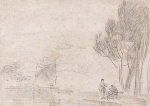Templo de Minerva en ruinas, dos figuras a orillas del río de Richard Wilson