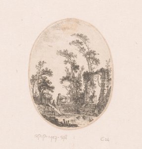 Estanque de patos con algunos árboles alrededor
Colección de vistas, paisajes, fragmentos antiguos y temas históricos (título de la serie)
Recueil de griffonis, de vues, paysages, fragments antiques et sujets historiques (título de la serie) de Richard de Saint Non