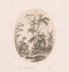 Paisaje con estructura de madera sobre pilotes, a la izquierda una mujer en un puente
Colección de vistas, paisajes, fragmentos antiguos y temas históricos (título de la serie)
Recueil de griffonis, de vuestras vistas, paysages, fragments antiques et suj de Richard de Saint Non