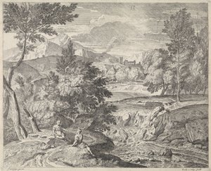 Paisaje arcádico con dos figuras junto a una cascada de Richard van Orley (II)
