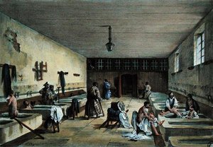 Los baños de los oficiales en el Hospital Militar de Bourbonne les Bains, mediados del siglo XIX (grabado coloreado) de Richoux (after)
