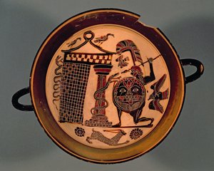 Copa de figuras negras laconias que representa a un guerrero atacando a una serpiente, siglo VI a.C.