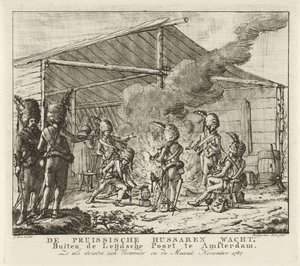 Los húsares prusianos esperando en Leidse Poort en Amsterdam, 1787 Los húsares prusianos esperan, afuera del Leijdsche Poort en Amsterdam (...) (título sobre objeto)