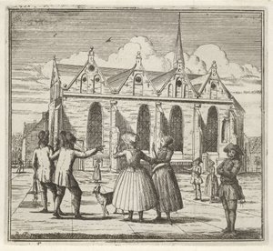 Hombres y mujeres en una plaza cerca de Grote Kerk en Leeuwarden El invierno. (título de la serie) Escenas de invierno (título de la serie)