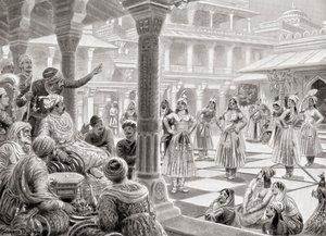 Akbar jugando pachisi o chaupur con piezas vivas en Fatehpur Sikri en 1575, de la Historia de las Naciones de Hutchinson, pub.1915 de Robert (after) Dudley