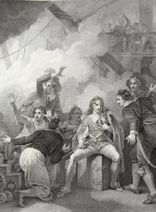 Conde Sandwich negándose a abandonar su barco en llamas, en la Batalla de Sole Bay, grabado por W. Byrne, ilustración de 