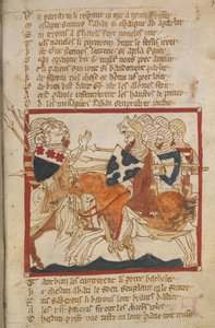 Egerton 3028 f.98 Derrotan a los sarracenos enviados a su encuentro, ilustración de "Roman de Brut, un epítome en verso con continuación a Eduardo III; La Destrucción de Roma; Fierabras" (tinta y color sobre vitela)