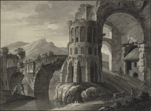 Fantasía arquitectónica. Ruina de un puente antiguo, flanqueado por torres medievales de Robert Adam