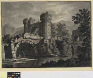 Fantasía arquitectónica de un puente en ruinas en un paisaje de Robert Adam