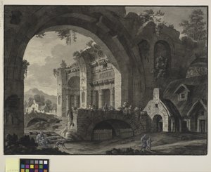 Fantasía arquitectónica con ruinas de un baño antiguo y cabañas de Robert Adam