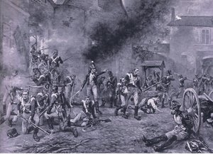 La defensa de Hougoumont, 18 de junio de 1815, ilustración de Batallas Británicas en Tierra y Mar, 1915 de Robert Alexander Hillingford