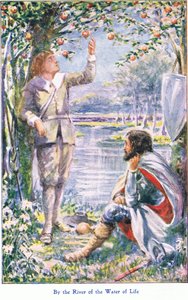 Junto al río del agua de la vida, de El progreso del peregrino, publicado por John F. Shaw & Co., hacia 1900 (litografía en color)