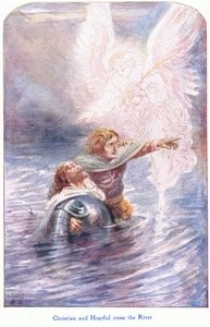 Christian y Hopeful cruzan el río, de The Pilgrims Progress publicado por John F Shaw & Co, c.1900
