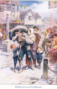 Christian emprende su peregrinaje, extraído de El progreso del peregrino, publicado por John F. Shaw & Co., hacia 1900 (litografía en color). de Robert Ambrose Dudley