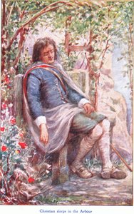 Christian duerme en el cenador, de El progreso del peregrino, publicado por John F. Shaw & Co., hacia 1900 (litografía en color) de Robert Ambrose Dudley