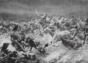 Derrota de los hunos blancos por Anushirwan en 560 d.C. (litografía) de Robert Ambrose Dudley
