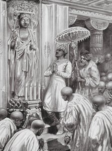 Kanishka inaugura el budismo mahayana (septentrional), 100 d.C. (litografía) de Robert Ambrose Dudley