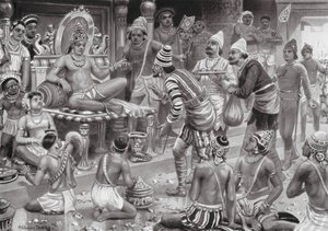 Pulikesin II, el Chalukhya, recibe a los enviados de Persia (litografía)
