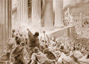 La quema de la Biblioteca de Alejandría en el año 391 d.C., ilustración de "Hutchinsons History of the Nations", c.1910 (litografía)