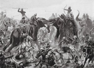 Derrota de Pulikesin II Chalukhya por Mahamalla Pallava en Badami, 642 d.C. (litografía) de Robert Ambrose Dudley