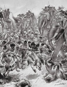 Derrota de los eftalitas o hunos blancos, 528 d.C. (litografía)