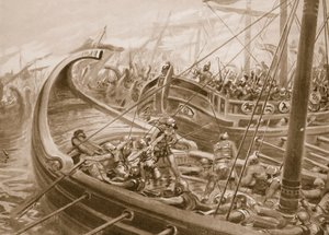 La flota focense derrota a los cartagineses, ilustración de "Hutchinson