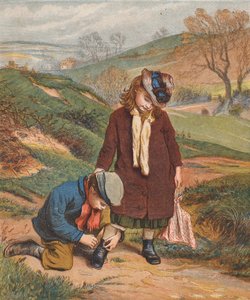 Un amigo en apuros, un niño atando los zapatos de una niña (litografía en color) de Robert Barnes