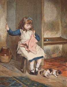 Niña cosiendo con gato a sus pies (litografía en color) de Robert Barnes