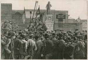 La gran huelga de los trabajadores portuarios en el East End: el Sr. John Burns dirigiéndose a los hombres en huelga en las puertas de los muelles de East y West India