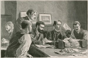 La gran huelga de los trabajadores portuarios en el East End: el comité de finanzas emitiendo boletos de ayuda en el Wade Arms, Jeremiah Street, Poplar, la sede de los huelguistas de Robert Barnes