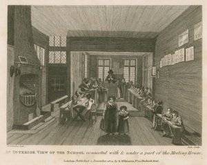 Vista interior de la escuela conectada y bajo una parte de lo que fue la casa de reuniones de John Bunyan de Robert Blemell Schnebbelie